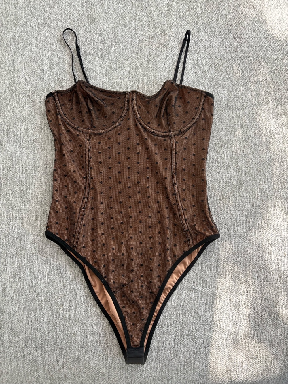 White Fox Boutique Brown Sheer Polka-Dot Bodysuit with Black Trim